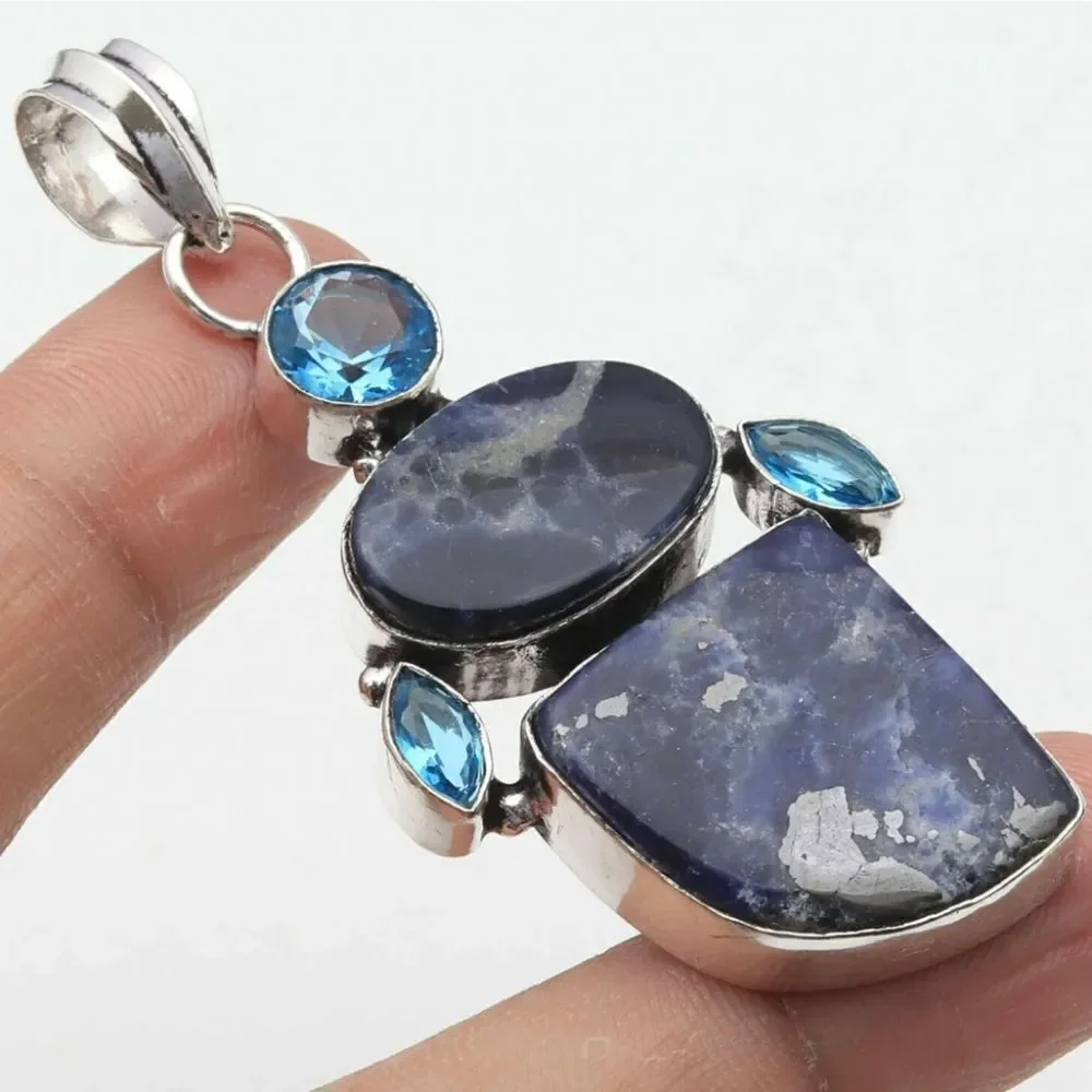 Sodalite Blue Quartz Sterling Silver Plated Pendant 2.5